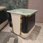 Square Pale Green Marble Side Table with White Panel and Dark High-Gloss Wood Sides